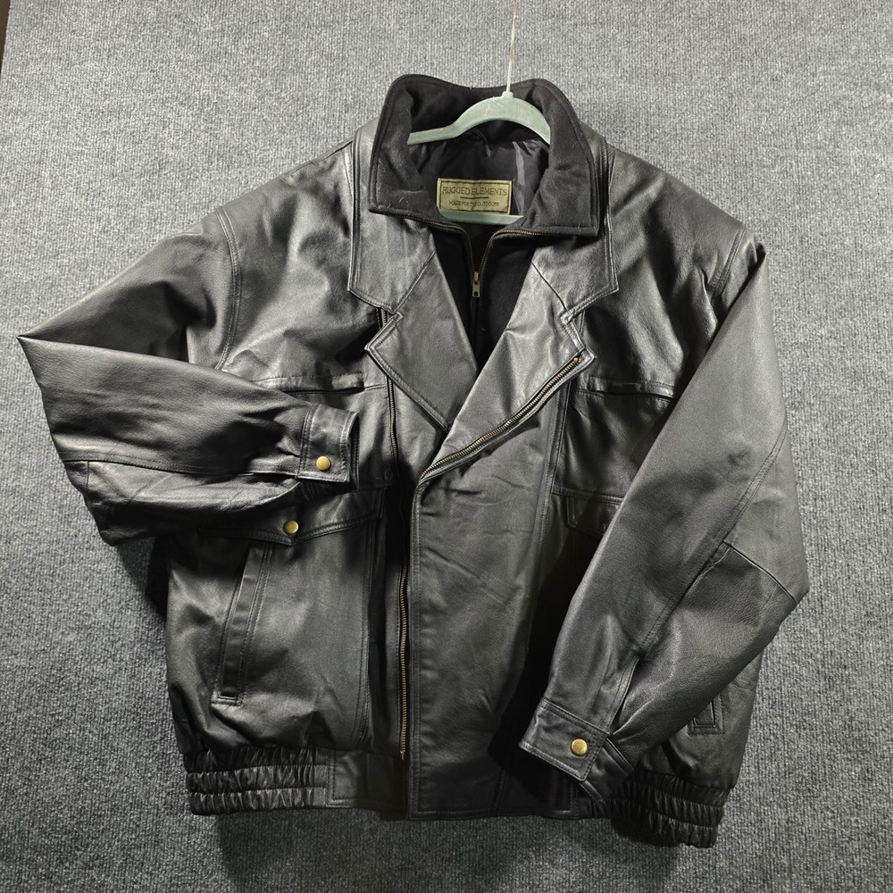 Rugged Elements Mens Black Genuine Leather Bomber Jacket Full Zip 2XL